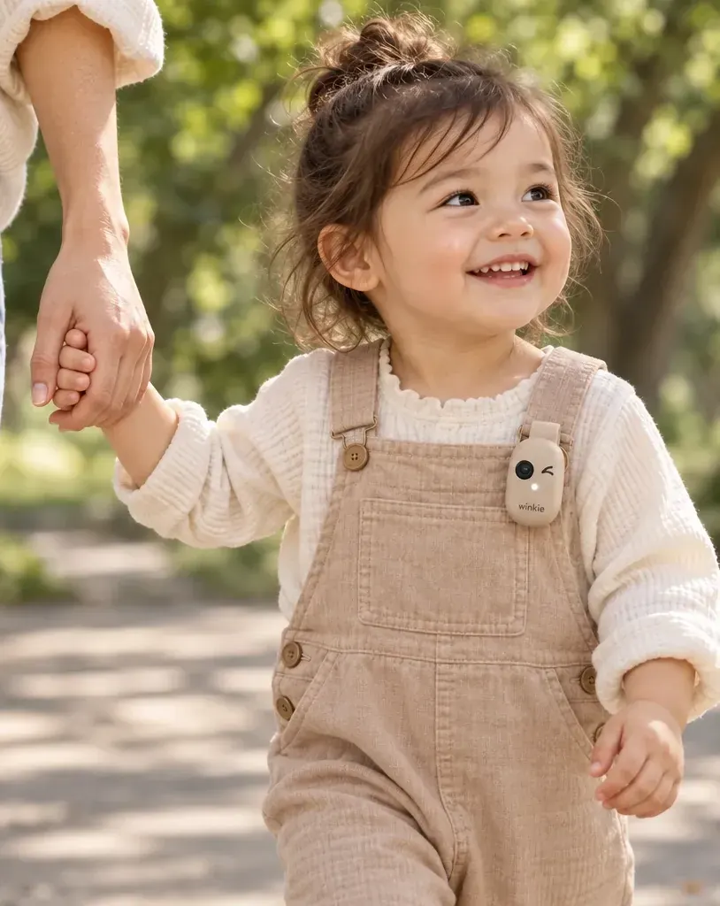 A smiling toddler holding a grown-up’s hand in the park, wearing a small oat-colored Winkie camera on their overalls