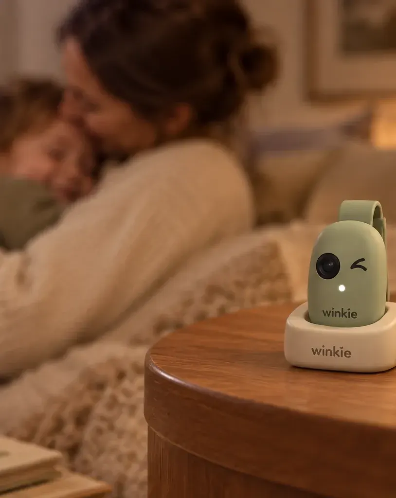 At bedtime, a sage Winkie rests in its dock on a side table while a parent cuddles their child
