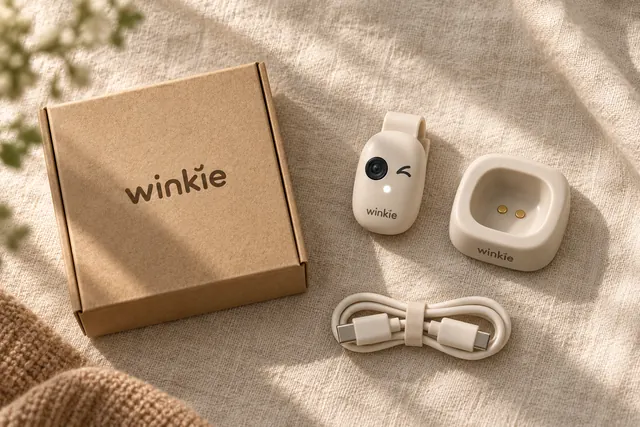 What's in the box: Winkie, its dock and a USB-C cable next to a kraft box