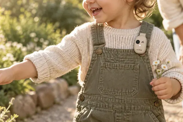 A laughing toddler in olive overalls reaches for lavender in a sunny garden, wearing an oat Winkie