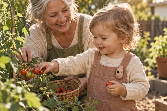 A grandmother and toddler picking cherry tomatoes; the toddler wears a clay Winkie