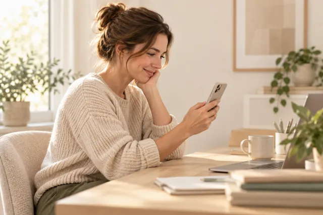 A mom at her desk smiling at her phone
