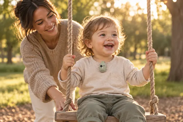 A nanny pushes a toddler wearing a sage Winkie on a park swing