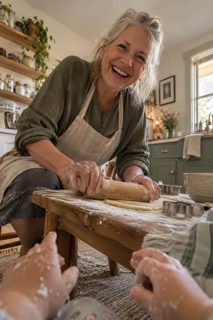 Grandma laughs while rolling cookie dough, little floury hands in front