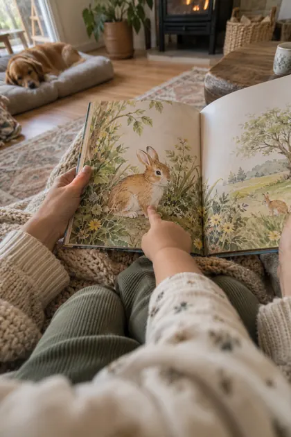 A small finger points at a bunny in an open picture book